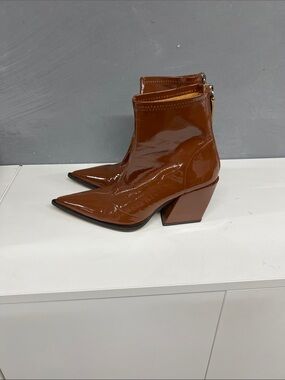 Alias Mae Patent Pointed Ankle Booties in Cognac